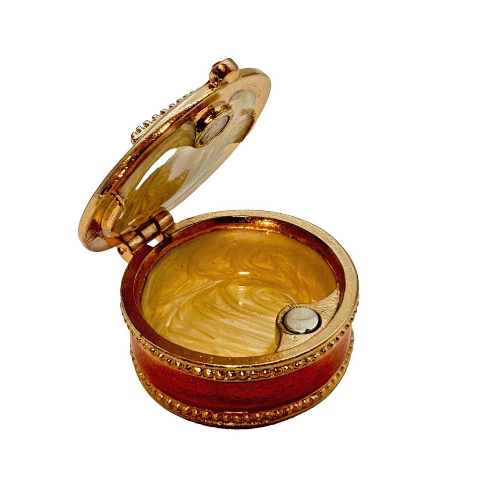 Pill Box Angel Gold Metal with Yellow Marbled Enamel Interior • Vintage Style‎